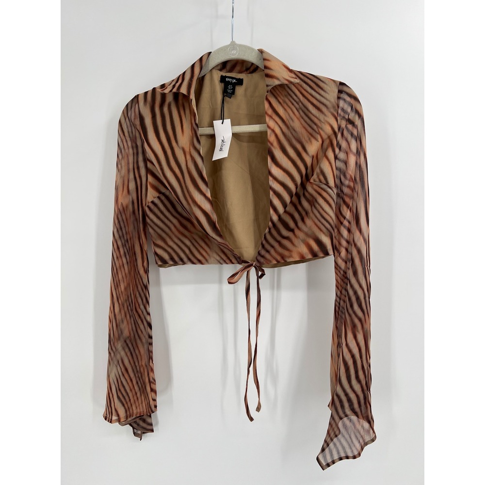 Nasty Gal Chiffon Blurred Zebra Tie Front Fluted Sleeve Crop Top‎ US 4 NWT